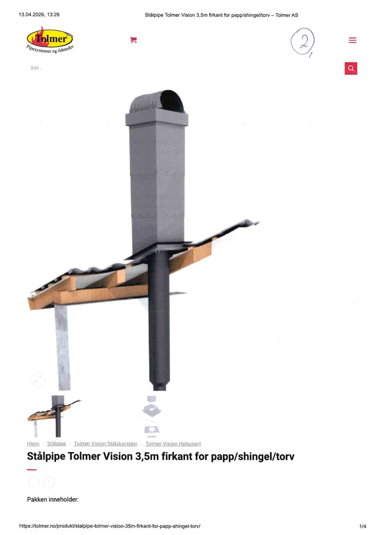 3D-visualisering av en stålpipe (Tolmer Vision) montert på et tak med papp/shingel/torv.