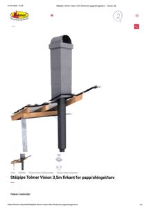 3D-visualisering av en stålpipe (Tolmer Vision) montert på et tak med papp/shingel/torv.