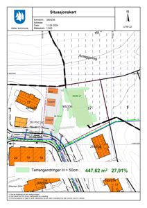 Situasjonskart som viser eiendomsnummer, tomtegrenser, vegforhold og terrengendringer.