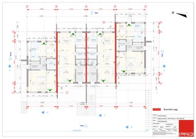 Etasjeplan for 1. etasje som viser romfordeling, stuer, kjøkken og bad med mål.