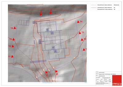 Tverrsnitt eller situasjonsplan som viser terrengendringer, høydeforhold (konturlinjer) og bygningens plassering i forhold til terrenget.