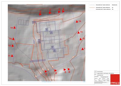 Situasjonsplan som viser terrengendringer, høydeforhold (konturlinjer) og bygningens plassering i forhold til terrenget.
