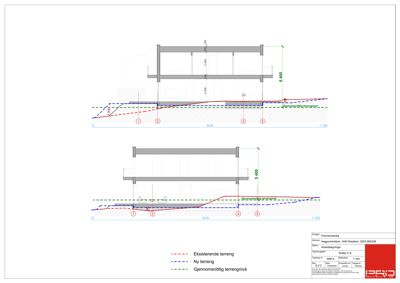 Snittegning som viser bygningens høyde i forhold til eksisterende og ny terreng.