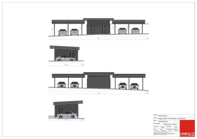 Fasadetegning som viser bygningens utseende fra fire sider (Øst, Nord, Vest, Sør) med bilillustrasjoner for skala.