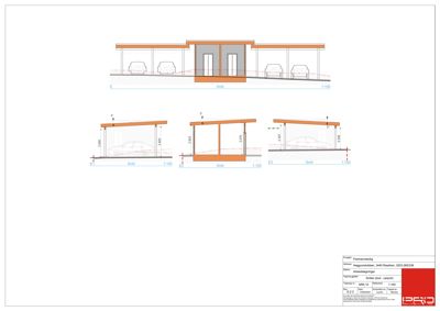 Snittegning av en bygning med garasje, som viser tverrsnittet og høyder.