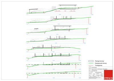 Situasjonsplan som viser terrengprofil, eksisterende og planlagt terreng, samt tomtegrenser for en bygning.
