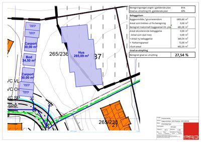 Situasjonsplan som viser tomtens form, grenser, eksisterende og planlagt bebyggelse (hus, bod, carport, parkering), samt beregningsdata for utnyttelsesgrad.