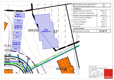 Situasjonsplan som viser tomtens form, grenser, eksisterende og planlagt bebyggelse (hus, bod, carport), samt beregningsdata for utnyttelsesgrad og arealer.