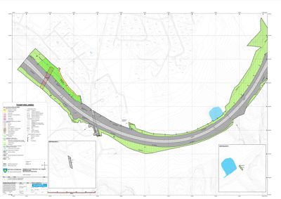 Situasjonsplan som viser et veisystem, terrengforhold (konturlinjer), og arealbruk i et nabolag.