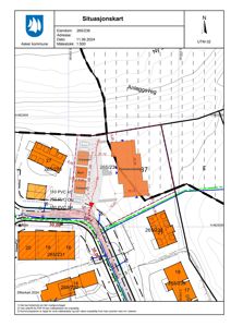 Situasjonskart som viser eiendomsgrenser, naboeiendommer, vegnett og topografi for eiendom 265/236 i Asker kommune.