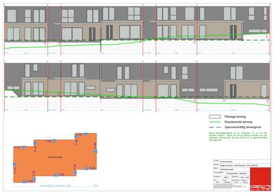 Fasadetegning som viser bygningens utseende fra utsiden, inkludert vinduer, tak og terrengforhold.