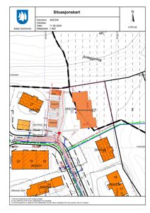 Situasjonskart som viser eiendomsnummer, tomtegrenser, veier og naboeiendommer.