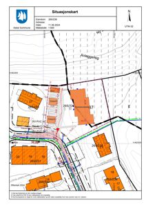 Situasjonskart som viser eiendomsnummer, bygningstall, vegnett og topografi for et område i Asker kommune.