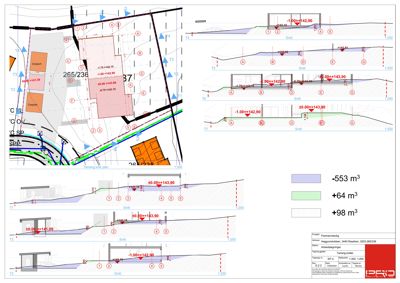 Bildet viser en situasjonsplan med tilhørende snittegninger (T1-T7) som illustrerer terrengforhold og nivåforskjeller for et byggprosjekt.