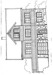 En tegning som viser fasaden på en bygning sett fra siden.