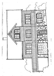 Fasadetegning av en bygning sett fra siden, som viser vinduer, tak og fasadematerialer.
