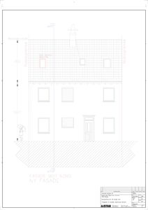 Fasadetegning (opprikk) av en bygning sett fra nord, med angitte mål og detaljer.