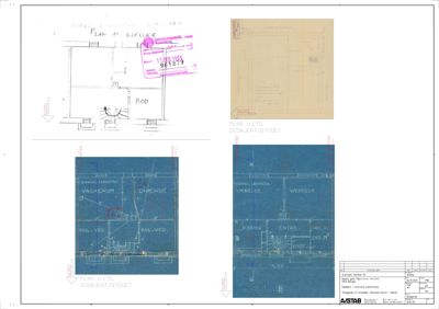 Bildet viser en samling av eldre tegninger, inkludert etasjeplaner (kjeller, bod, vaskerom) og situasjonsplaner for en bygning.