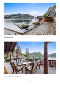 Fotografier av eiendom med utsikt over vann og kai, inkludert etterreng med møbler.