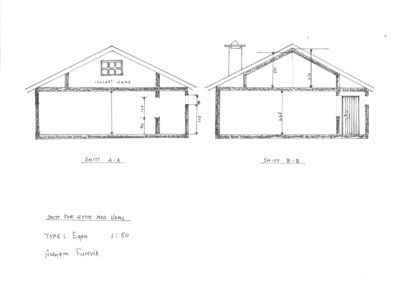 Tegning som viser tverrsnitt gjennom en hytte med hems (snitt A-A og B-B), inkludert mål på høyder og konstruksjonsdetaljer.
