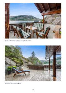 Fotografier av en terrasse med utsikt over Dumbefjorden, inkludert møbler og omgivelser.