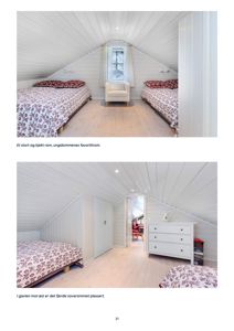 Fotografier av et soverom i en hytte eller villa, med tekstbeskrivelser under hver bilde.
