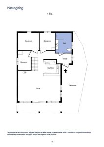 Plantegning av 1. etasje som viser romfordeling (stue, soverom, kjøkken, bad, entré) og utvendig terrasse.