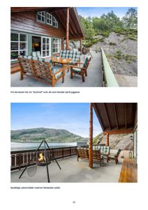 Fotografier av en terrasse med utsikt over vann og fjell, med møbler og tekstbeskrivelser.