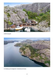To fargefotografier som viser eiendom og beliggenhet. Øverste bilde er et nærbilde av huset ved kysten, og nederste bilde er et luftfoto som viser topografien og omgivelsene.