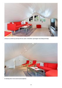 Fotografier av en innredet loftstue med møbler og tekstbeskrivelser.