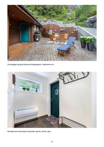 Fotografier av en bolig, inkludert etasjeplaner, inngangsparti og entré.