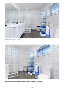 Fotografier av et helifiset bad med glassbygggstein og frittstående toalett.