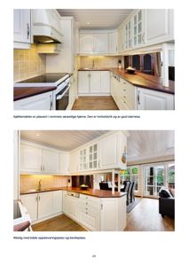 Fotografier av kjøkkeninnredning med tekstbeskrivelser om plassering og oppbevaring.