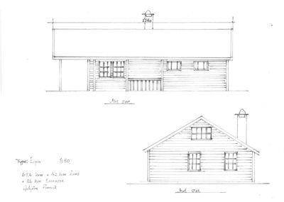 Tegning som viser fasadeopprikk (mot sør og mot øst) for en hytte.