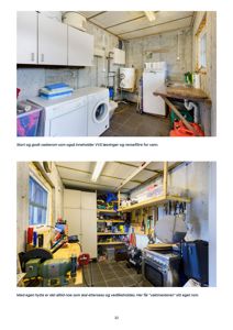 Fotografier av et vaskerom og verksted inne i en bygning.