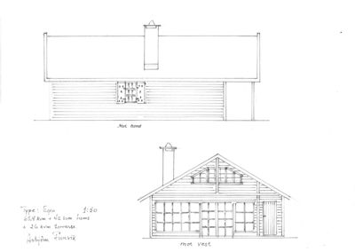 Tegning som viser fasadeopprikk av en bygning sett fra to sider (mot nord og mot vest).