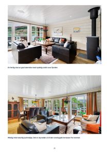 Fotografier av en stue med utsikt over fjorden, inkludert møbler og interiørbeskrivelser.