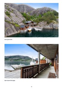 Fotografier av eiendom med brygge og båter.