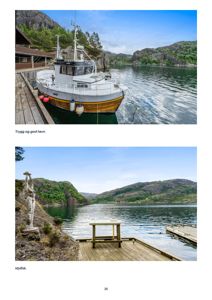 Fotografier av en havn med en båt og utsikt over en fjord eller innsjø.