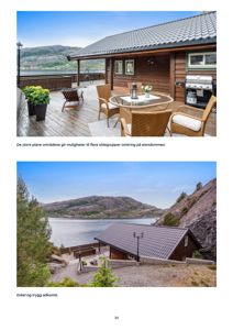 Fotografier av en hytte med utsikt over vann og fjell. Bildene viser terrasse, møbler og omgivelser.