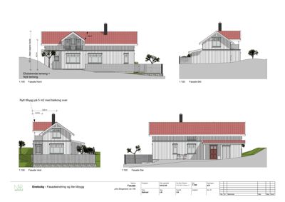 Fasadetegning som viser bygningens utseende fra fire sider (Nord, Øst, Vest, Sør) med mål og detaljer.
