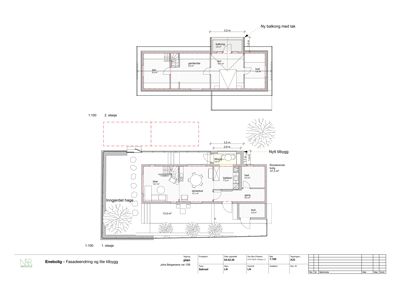 Plantegning som viser romfordeling og dimensjoner for 1. og 2. etasje i en enebolig.