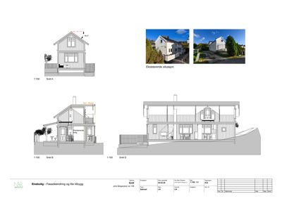 Tegning med tre snittegninger (Snitt A, B og D) av en bolig, samt to eksisterende situasjonsfotografier øverst.