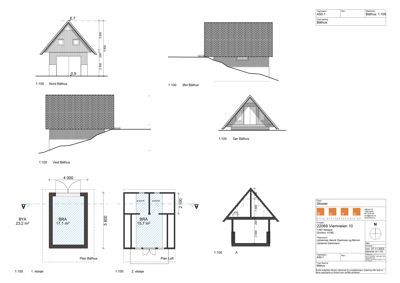 Bildet viser fasadetegninger (Nord, Øst, Vest, Sør) og et snitt (A-A) av en båthus-prosjekt.