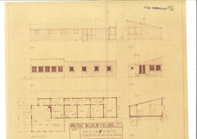 Bildet viser en tegning med oppriss (fasader) av en bygning sett fra utsiden, samt et snitt og en plan i bunnen.