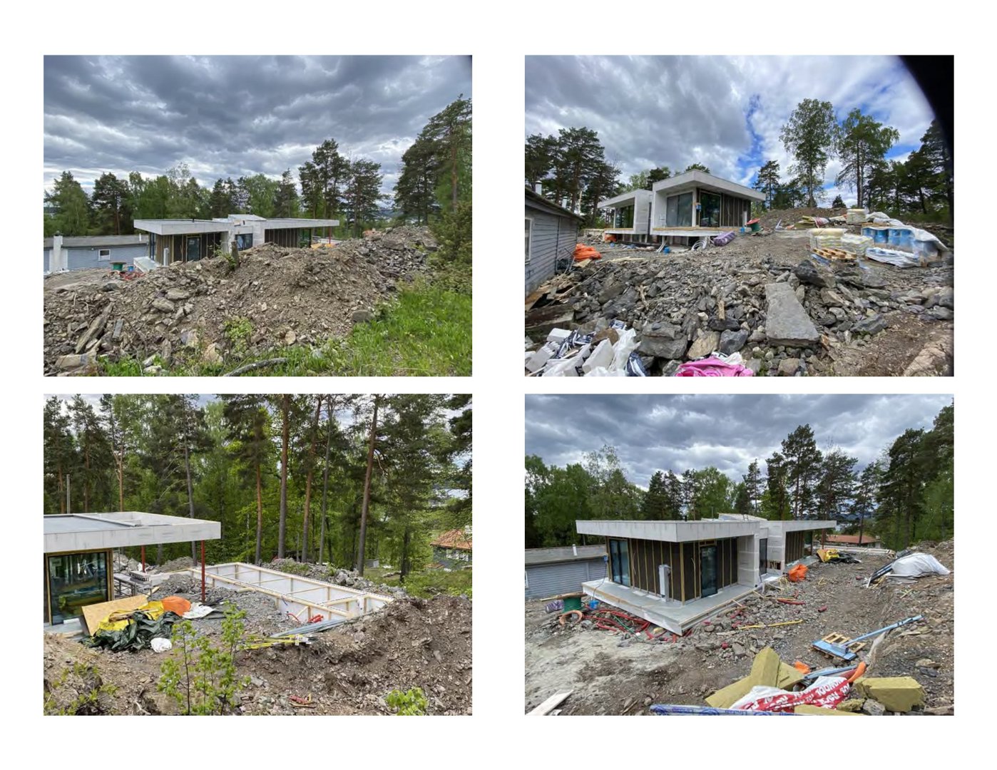 Fotografi som viser et hus under bygging i en skogkantet tomt med store steinhøyer.