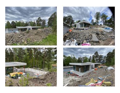 Fotografi som viser et hus under bygging i en skogkantet tomt med store steinhøyer.