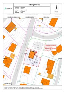 Situasjonskart (tomtekart) som viser eiendomsnummer, adresse, nabolag og bygningsplassering.