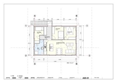 Etasjeplan (2. etasje) som viser romfordeling, mål og areal for en leilighet.