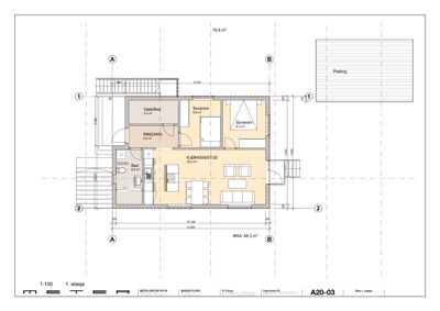 Etasjeplan (1. etasje) som viser romfordeling, mål og areal for en bolig.